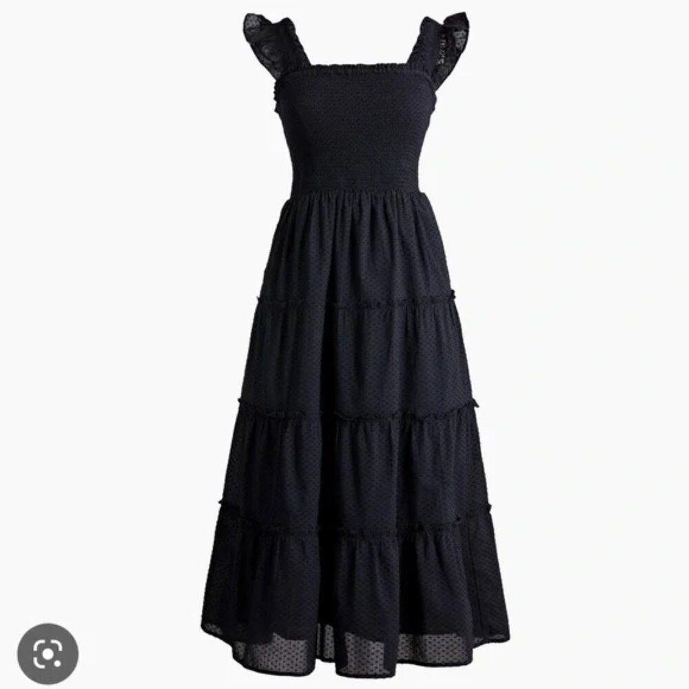 J. Crew Midi Dress Size Medium Black Tiered Smocked Square Neck - Picture 3 of 12